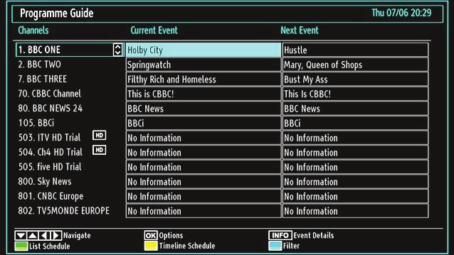 Please note that event information is updated automatically. If there is no event information data available for channels, the EPG will be displayed with blanks.