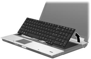 9. Klavyenin üst tarafını dikkatli bir biçimde kaldırın ve klavyeyi bilgisayarın avuç dayanağına yerleşene kadar yatırın. 10. Bellek modülünü çıkarın: a.