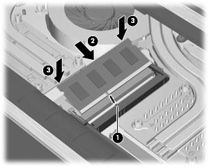 11. Yeni bellek modülü takma: a. Bellek modülünün çentikli kenarını (1) bellek modülü yuvasındaki şeritle aynı hizaya getirin.