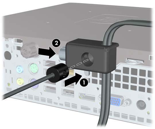 Güvenlik kablosunun priz ucunu kilide yerleştirin (1) ve kilidi takmak için düğmeye