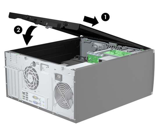 Bilgisayar Erişim Panelini Takma 1. Erişim panelinin ön ucundaki uzantıyı kasanın önündeki uzantının altına kaydırın (1) ve erişim panelinin arka ucunu ürüne doğru bastırın (2).