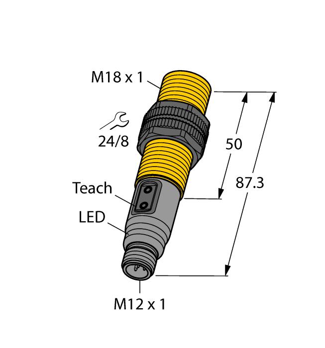 M18 x 1 dişli silindirik Plastik, PA12-GF30 Cihazdaki düğmeler, pim 5 ve IO-Link yoluyla öğretme ve yapılandırma Kablo Bağlantı Şeması İşlevsel prensip Tip kodu İdent no.