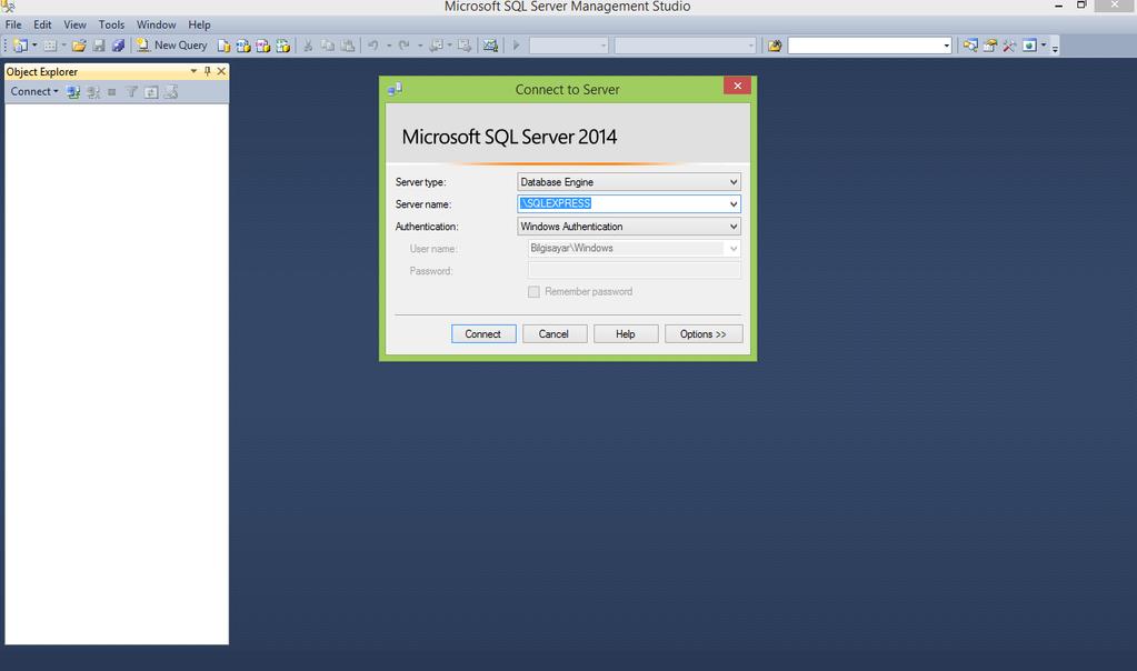 2. SQL Management Studio açılış ekranı: Server Type: