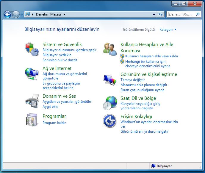 Windows 7 de, Denetim Masasının görünümü değiştirilmiş ve görevlerin kategorilendirilmesiyle yeni bir denetim masası geliştirilmiştir.