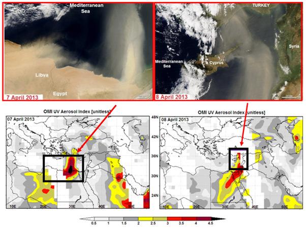 Şekil 4.15. 7-8 Nisan tarihlerinde; Aqua-MODIS sensöründen görüntü (üstte) ve OMI sensöründen UV Aerosol Indeks (altta) görüntüsü.