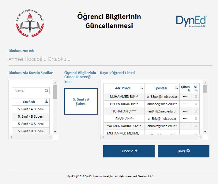 Bu bölüme eriştiğimizde işlem yapacağımız sınıf ve şubeyi seçmemiz yeterlidir. Bu sayfa bir sınıfta kayıtlı bulunan öğrencilerin bilgilerinin güncellenmesi için kullanılan sayfadır.