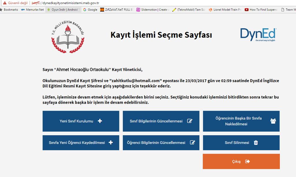 Şu andan itibaren Kayıt İşlemi Seçme Sayfası içeriğine ulaşmış bulunuyorsunuz. 707908@meb.k12.