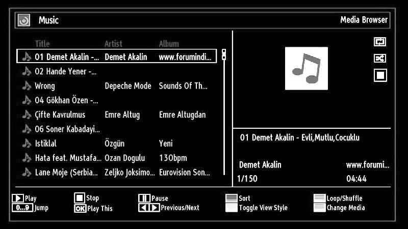 Playing Music via USB When you select Music from the main options, available audio fi les will be fi ltered and listed on this screen. switched off.