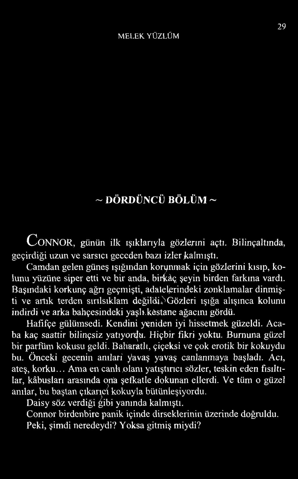 Başındaki korkunç ağrı geçmişti, adalelerindeki zonklamalar dinmişti ve artık terden sırılsıklam değildik Gözleri ışığa alışınca kolunu indirdi ve arka bahçesindeki yaşlı.köstane ağacını gördü.