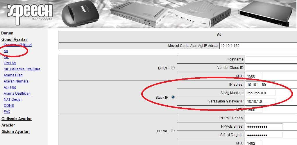 2 - Bu adımda kullanılan ADSL, Ghdsl ve Router gibi internet çıkışımızı yaptığımız cihaz üzerinden boş bir IP bloğu VoIP cihazının Genel Ayarlar menüsü altındaki Ağ bölümüne girilerek