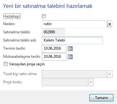 Karşımıza satınalma talep tipini belirleyeceğimiz ve ön bilgilerini gireceğimiz satınalma talep başlığı ekranı gelir. Hastabaşı talep girilecek ise Hastabaşı seçeneği seçilmelidir.