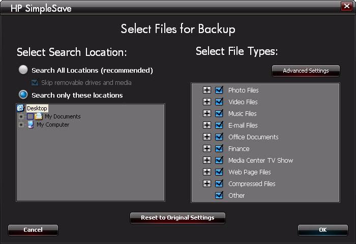 Yedeklenecek tüm dosya türleri Select File Types (Dosya Türlerini Seç) öğesi altında seçilir. İlgili mavi kutucuğu tıklatarak yedeklenecek bir dosya türü seçimini kaldırabilirsiniz.