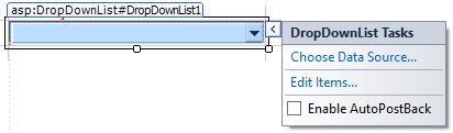 DropDownList DropDownlist kontrolü eklendikten sonra; nesne seçiliyken hemen üst-sağ kısmında gelen ok işareti tıklanarak açılan