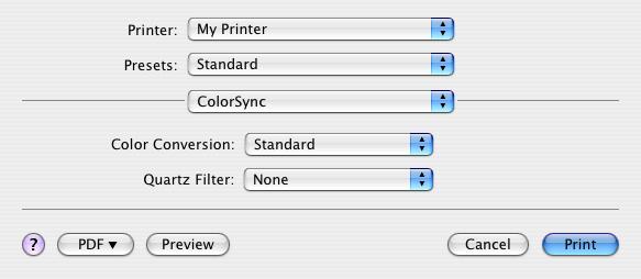 ColorSync Renk dönüştürme Renk Dönüştürme ile ilgili olarak Standart, yazıcı modeliniz için kullanılabilir olan tek seçenektir.