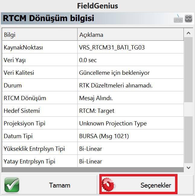 Uygun kaynak noktası seçilip devam edildiğinde RTCM dönüşüm bilgilerinin kullanıcı ile paylaşıldığı pencereye ulaşılır.
