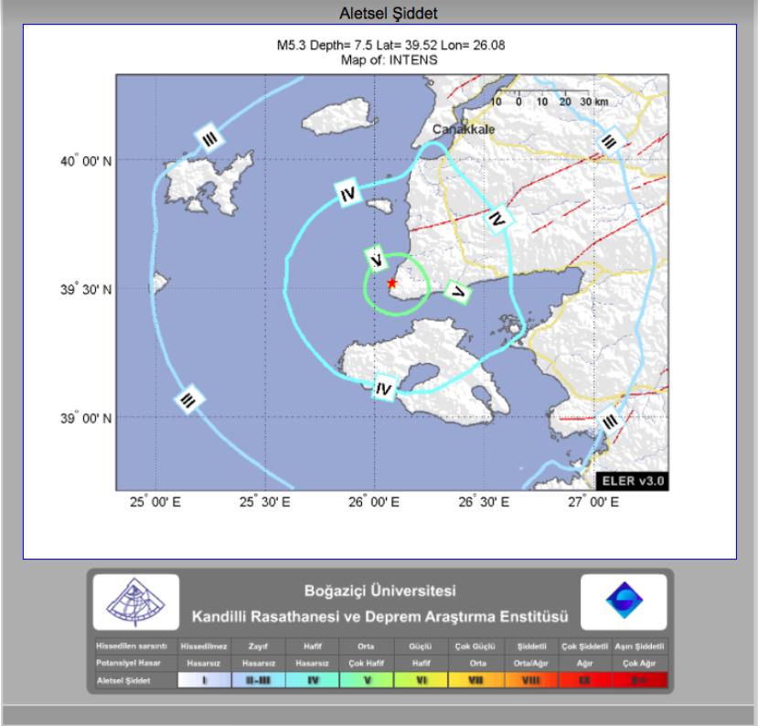 Enstitümüz tarafından depremden hemen sonra otomatik olarak hazırlanan tahmini şiddet haritası, depremin merkezinde şiddet değerinin Io= V, Çanakkale de Io= IV olduğunu göstermektedir.