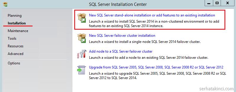 SQL Server 2014 Kurulum Adımları Kurulum medyasını veya disk üzerindeki kurulum kaynağını kullanarak SQL Server Setup (setup.exe) programını başlatın.