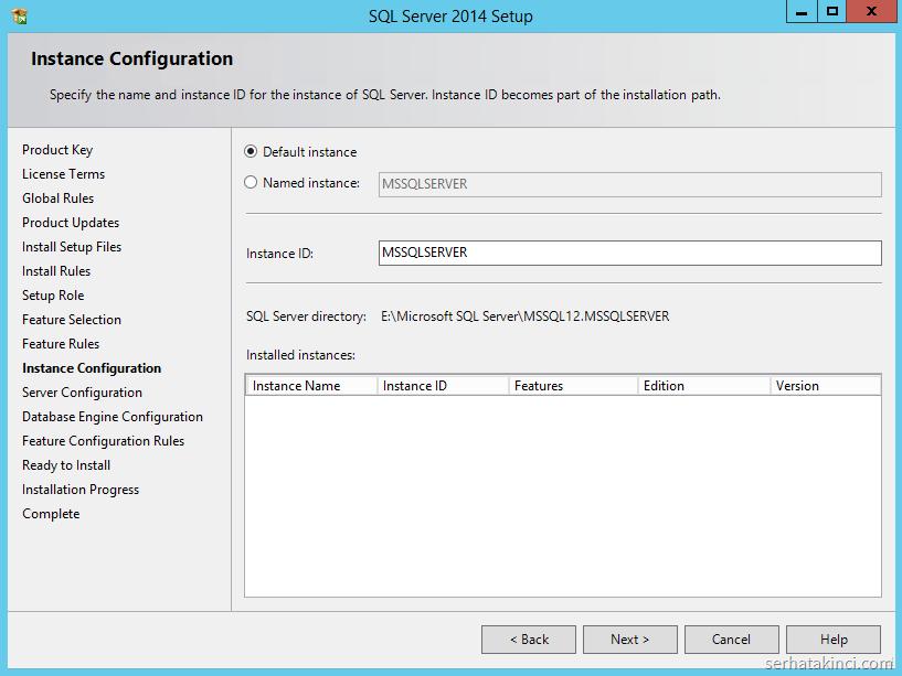 Instance Configuration adımında SQL Server 2014 instance için bir isim verebilir veya Default instance seçimiyle ilerleyebilirsiniz.