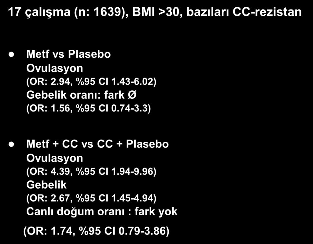 PCOS ta Metformin Kullanımı: Meta-analiz 17 çalışma (n: 1639), BMI >30, bazıları CC-rezistan Metf vs Plasebo Ovulasyon (OR: 2.94, %95 CI 1.43-6.02) Gebelik oranı: fark Ø (OR: 1.56, %95 CI 0.