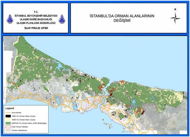 224 İstanbul Metropoliten Alanı Entegre Kentsel Ulaşım Ana Planı (İUAP) Bölüm 12 Şekil 12.6.8 İstanbul da Orman Alanlarının Değişimi 2005 yılı kadastral orman haritalarında kadastrosu yapılmış 260.