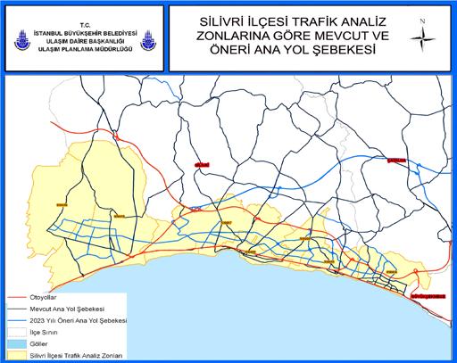 262 İstanbul Metropoliten Alanı Entegre Kentsel Ulaşım Ana Planı (İUAP) Bölüm 13 Şekil 13.1.2 Kuzey Marmara Otoyolu (İstanbul 3. Çevreyolu Dahil) 13.2 Gelişme Alanlarındaki Plan Projeleri 13.2.1 Silivri Silivri İlçesi ne ait trafik analiz zonlarına göre mevcut durumdaki ve 2023 yılında gerçekleşmesi planlanan karayolu ağının durumu Şekil 13.