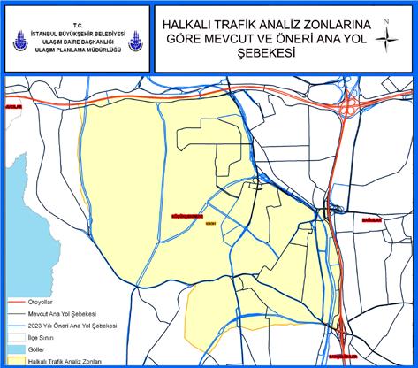 266 İstanbul Metropoliten Alanı Entegre Kentsel Ulaşım Ana Planı (İUAP) Bölüm 13 13.2.4 Halkalı Halkalı Bölgesi ne ait trafik analiz zonlarına göre mevcut durumdaki ve 2023 yılında gerçekleşmesi planlanan karayolu ağının durumu Şekil 13.