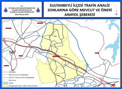 268 İstanbul Metropoliten Alanı Entegre Kentsel Ulaşım Ana Planı (İUAP) Bölüm 13 13.2.6 Sultanbeyli Sultanbeyli İlçesi ne ait trafik analiz zonlarına göre mevcut durumdaki ve 2023 yılında gerçekleşmesi planlanan karayolu ağının durumu Şekil 13.