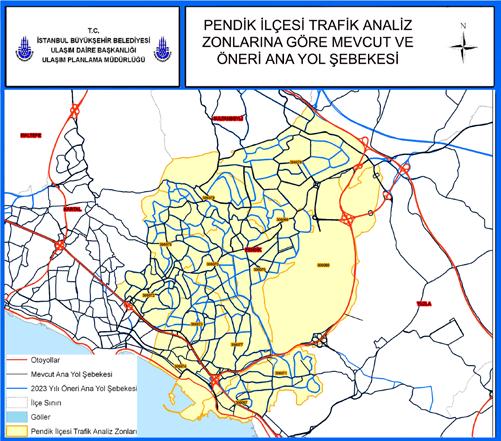 272 İstanbul Metropoliten Alanı Entegre Kentsel Ulaşım Ana Planı (İUAP) Bölüm 13 13.2.10 Pendik Pendik İlçesi ne ait trafik analiz zonlarına göre mevcut durumdaki ve 2023 yılında gerçekleşmesi planlanan karayolu ağının durumu Şekil 13.