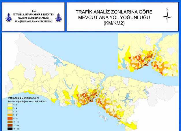 9 Trafik Analiz Bölgelerine Göre Mevcut Yolların Kapladığı Alan Dağılımı (%) İstanbul geneli için mevcut anayol ağı yoğunlukları ve kapladığı alanlar Şekil 3.1.