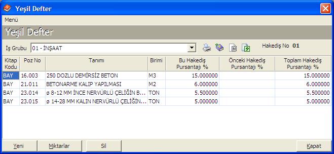 Poz No Bu Hakediş Pursantajı % 21.011 6 23.014 5.5 23.015 5 - Tüm pozları programa tanımladıktan sonra Yeşil Defter penceresi aşağıdaki gibi olacaktır.