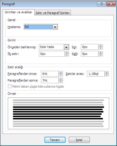 -Biçim-Paragraf: Paragraflar arasındaki satır