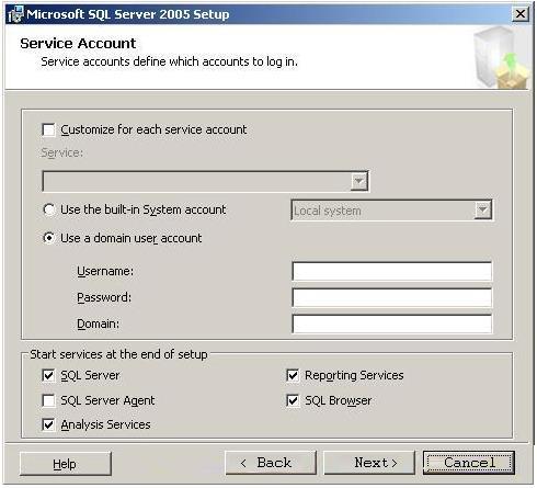 SQL Server 2005 Kurulum Ekranı-11 Bu adımda SQL Server a yüklediği servislerin hangi hesapla yüklemesini istediğimiz bildirilir. Burada default ayarında belirlenen hesap bütün servisleri etkiler.