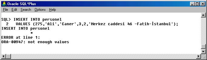 Aşağıda hata mesajı dikdörtgen kutu içerisine alınmıştır. Şekil 9.5.2. Personel Tablosuna Kayıt Ekleme Hata Ekranı-1 Burada personelin doğum tarihi için yazılan değer yanlış formatta yazılmıştır.