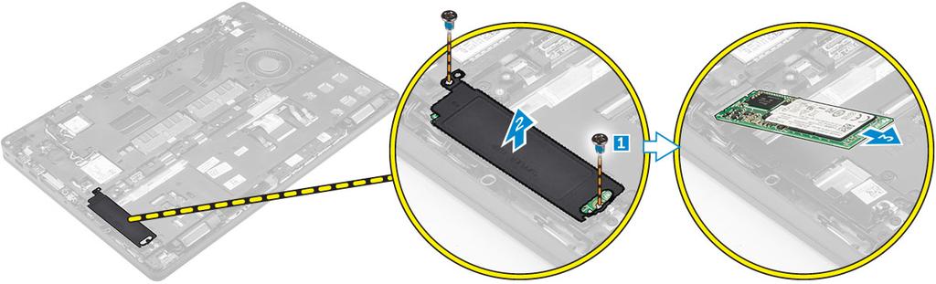 3. PCIe SSD'yi kaldırın. a. SSD braketini SSD'ye sabitleyen vidaları sökün [1]. b. SSD braketini çıkarın [2]. c.