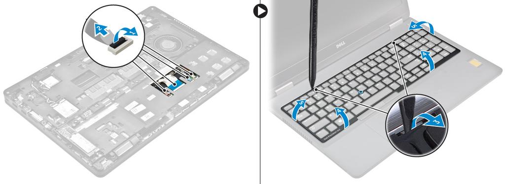 4. Klavyeyi çıkarmak için: a. Klavyeyi bilgisayara sabitleyen vidaları sökün [1]. b. Klavyeyi kaldırın ve bilgisayardan çıkarmak için kaydırın [2, 3]. Klavyeyi Takma 1.