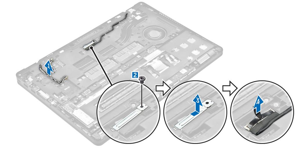 c. WLAN d. WWAN 3. Ekran menteşe braketlerini çıkarmak için: a. Ekran menteşesi braketini bilgisayara sabitleyen vidayı çıkarın [1]. b. Ekran menteşe braketini bilgisayardan çıkarın [2]. 4.