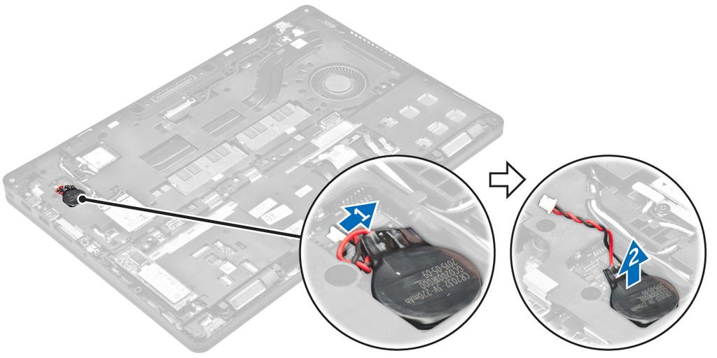 Düğme pili takma 1. Düğme pili sistem kartındaki yuvaya yerleştirin. 2. Düğme pil kablosunu sistem kartı üzerindeki konnektöre bağlayın. 3. Şunları takın: a. pil b. alt kapak 4.