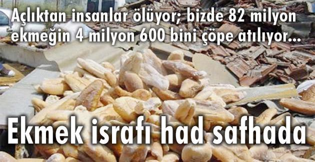 Türkiye de ekmeğin ortalama 70 kuruştan hesaplanması durumunda; Günlük : 3,5 milyon lira Aylık : 104 milyon 850 bin lira Yıllık : 1 trilyon 258 milyon 200 bin lira israf yapılıyor.