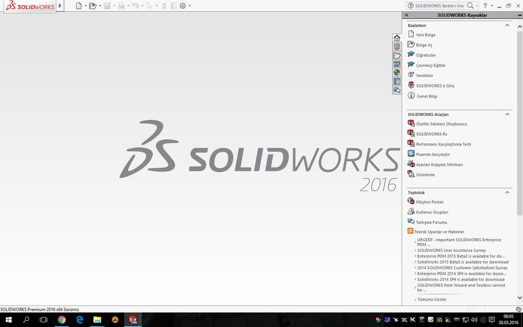 SOLİDWORKS E GİRİŞ: MENÜLER SolidWORKS te rahat çizim yapabilmek, komutlara rahat ulaşabilmek için Windows ta da olduğu gibi araç çubukları vardır.