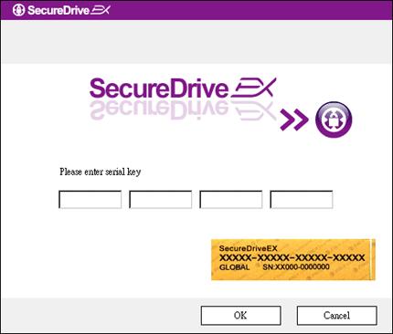 17. Doğrulama için bir SecureDrive EX penceresi açılacaktır. Seri numarası için kullanıcı kılavuzunun son sayfasındaki sarı etikete bakınız. Bu sayıları, belirtilen metin kutularına giriniz.