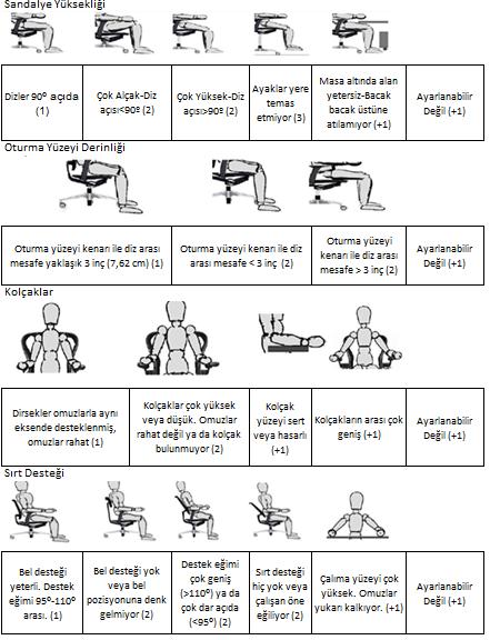 Şekil 1. Sandalye değerlendirme adımları (Steps of chair evaluation) ayarlanabilir değilse +1 puan eklenir.