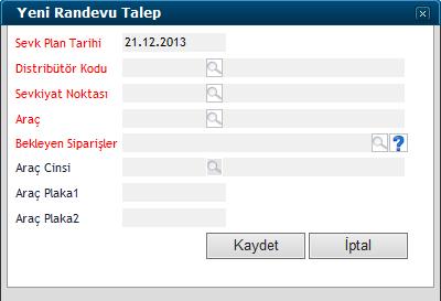 Yeni Randevu Talep: TrakyaCam fabrikadan alınmak istenen FOT tipindeki bekleyen siparişler için planlama yapılır. Bu butona basılınca açılan ekran aşağıdaki gibidir.