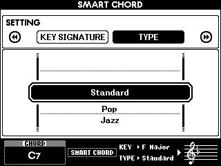 Tarzları Çalma TYPE Sayfası: Bu sayfa, Otomatik Eşlik yelpazesinde her gam notasına atanacak özgül akoru belirleyen beş müzik Türü sunar.