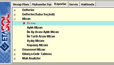 Raporlar menüsünden mizan seçeneği seçildiğinde karşımıza çeşitli seçenekler gelecektir.