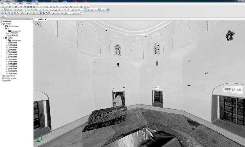 45 File, scan project, create project point cloud komutları ile bütün datalar tamamen birbirine kitlenerek bir bütün haline getirilip modelin nokta bulutu oluşturuldu ve 3B model elde edildi. Şekil 8.