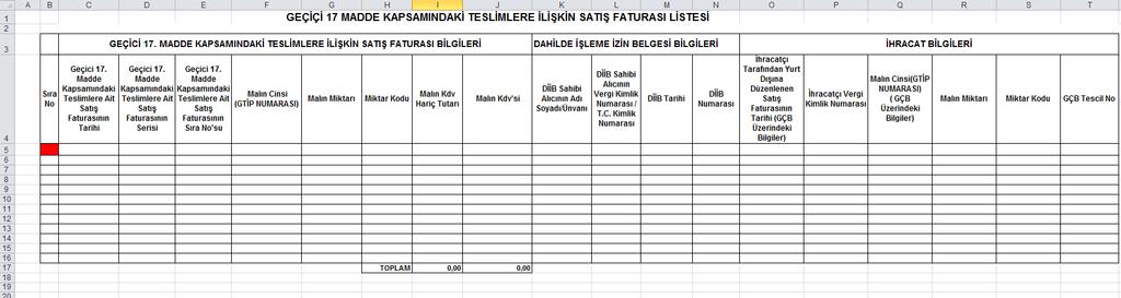 Aşağıda ekran görüntüsü verilen excel dosyasında kırmızı dolgu ile gösterilen B sütunun 5. satırı (B5 Hücresi), veri alımına başlandığı hücredir.