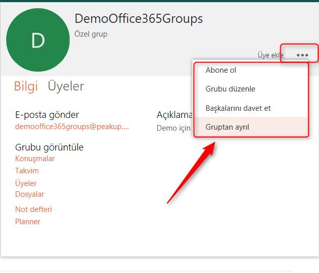 Üye ekle seçeneği ile Office 365 Gruba üye eklem işlemi bu arayüzden de yapılabilmektedir.