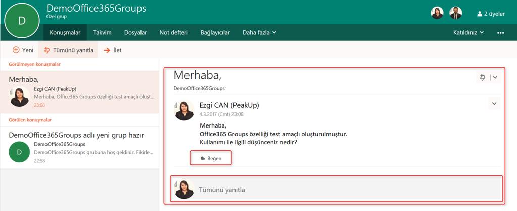 Burada gönderen adresi konuşmayı başlatan kullanıcının e-posta adresi olup, alıcı adresi de grup e-posta adresidir. Haliyle yazılan bu ileti Office 365 Grup içerisindeki Konuşma bölümünde görünür.