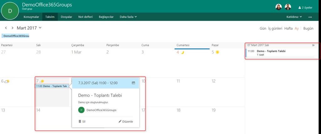Takvim etkinliği tıklanıldığında kullanıcıların Outlook uygulamasında yaşadıkları deneyimi yaşarlar.