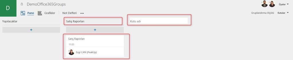 Yeni Kutu ekle seçeneği ile Microsoft Planner daki gruba ait arayüzde belirli başlıklar belirlenebilir. Böylelikle tanımlanan görevler iş birimlerine, yapılacak işlere vs.